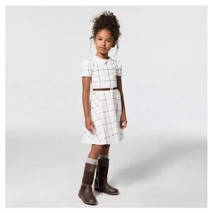 Janie and Jack Plaid Dress Kids 5 White Peter Pan Collar Velvet Belt